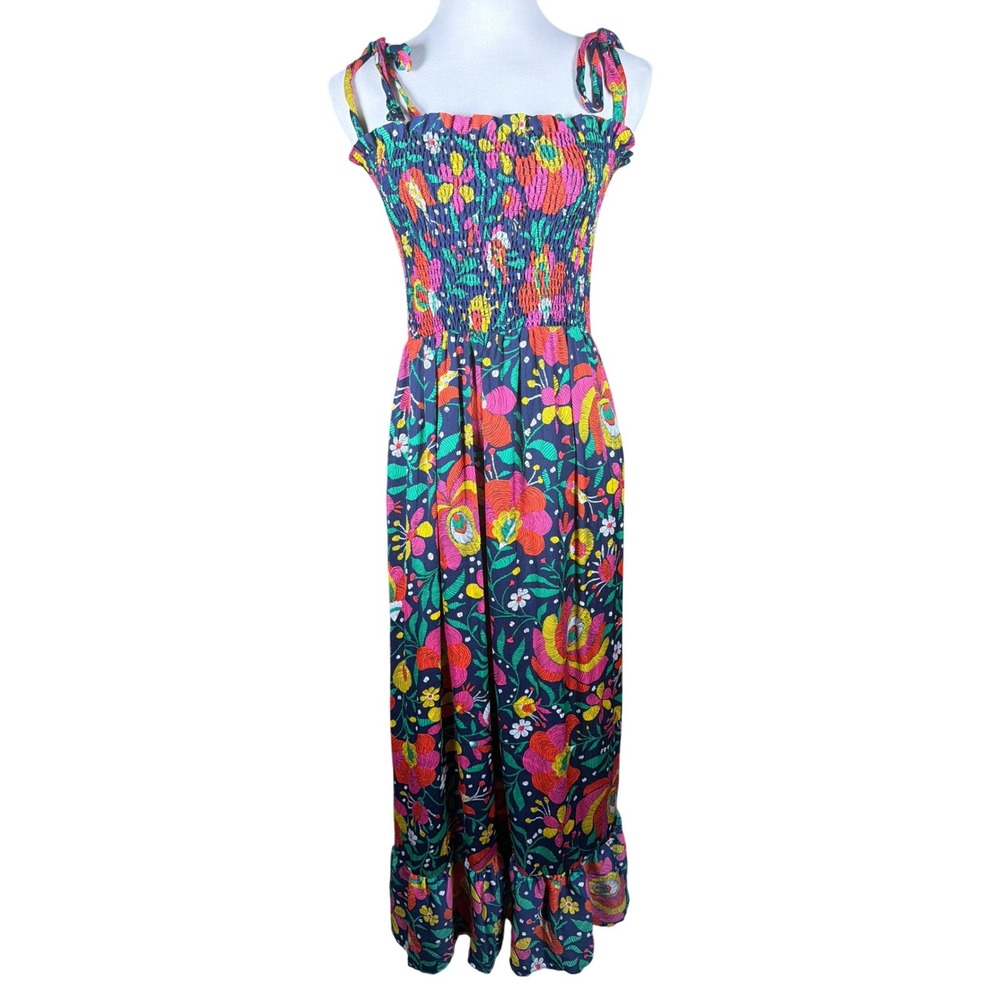 Summersalt Floral Smocked Maxi Dress Navy Multicolor Tie Strap Size Large